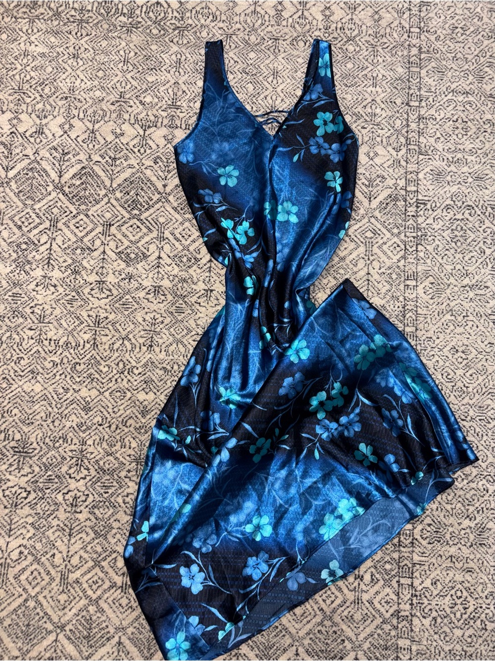 Blue Floral Satin Slip Dress